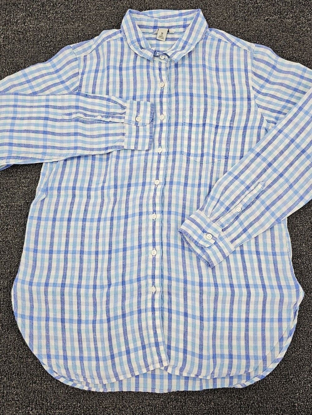 L.L.Bean Button-up Women's Medium Blue Checked 100% Linen Casual Top Long Sleeve
